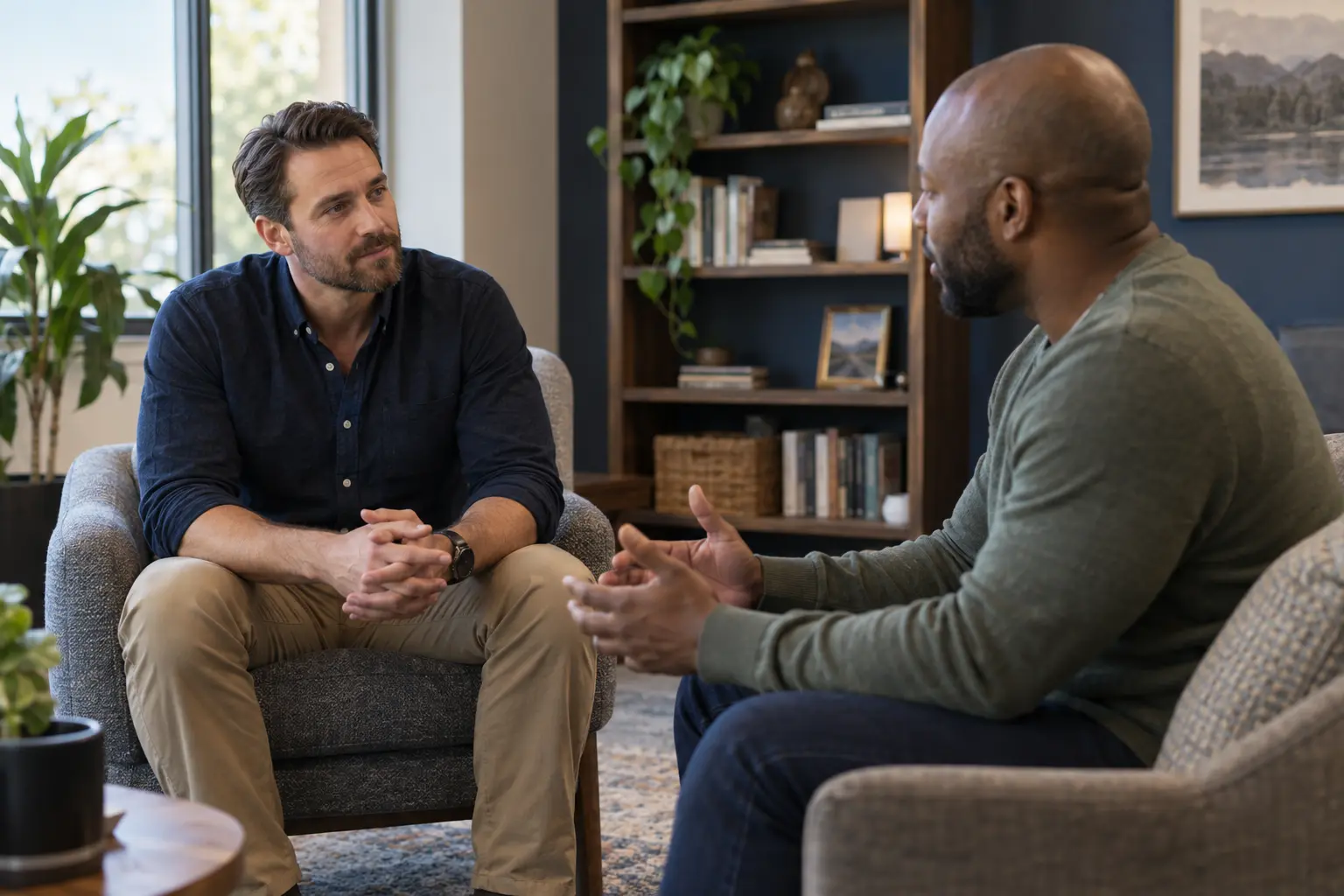 Two men having a calm, direct coaching and counseling conversation