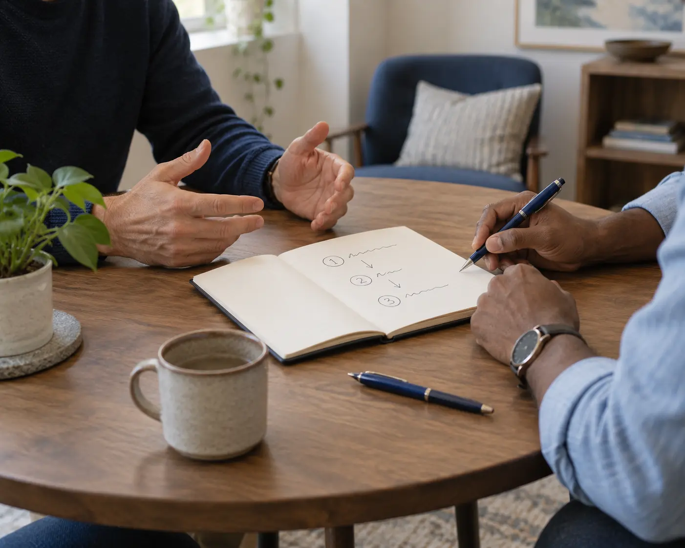 Two people building a clear plan together around a notebook