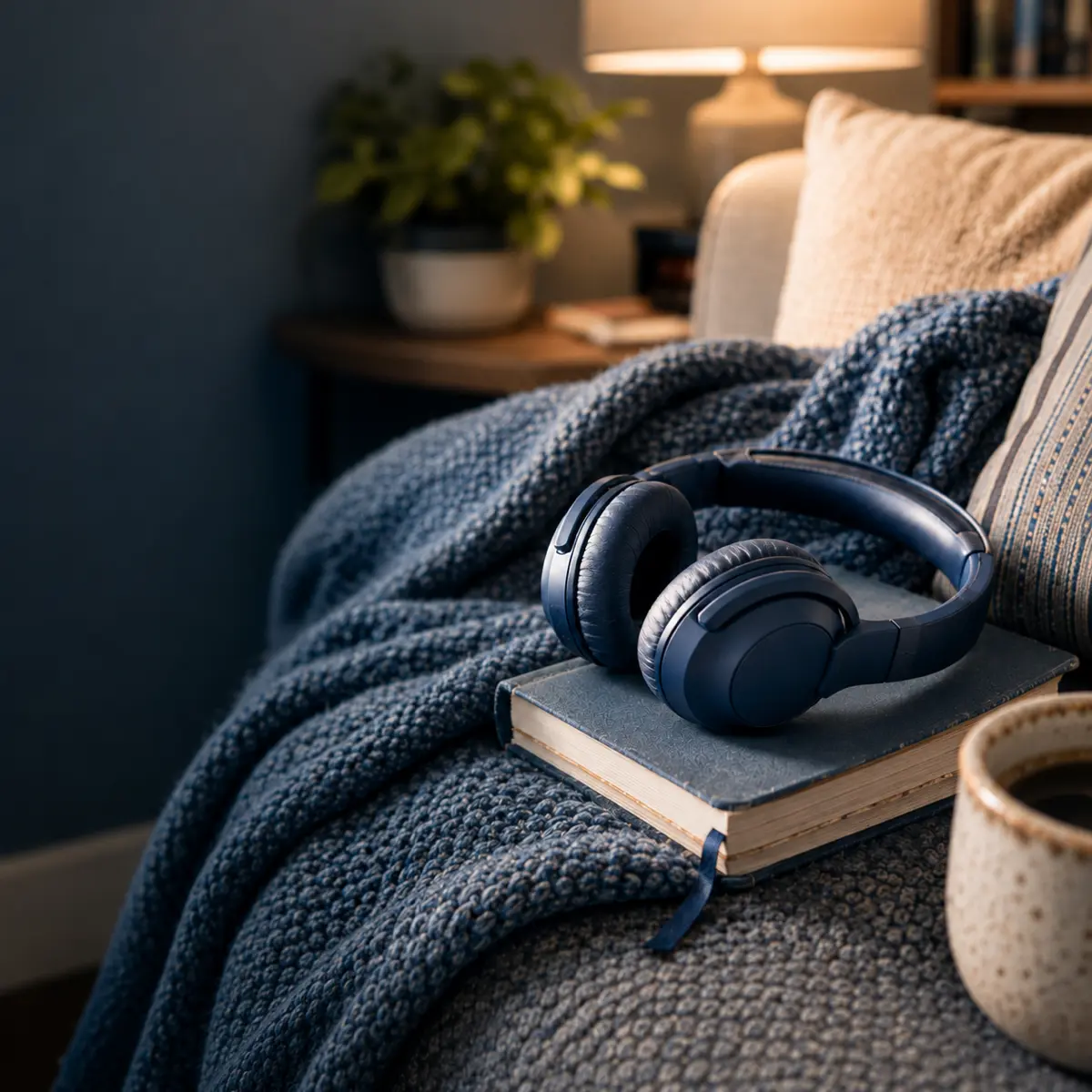 Headphones and a notebook in a quiet room